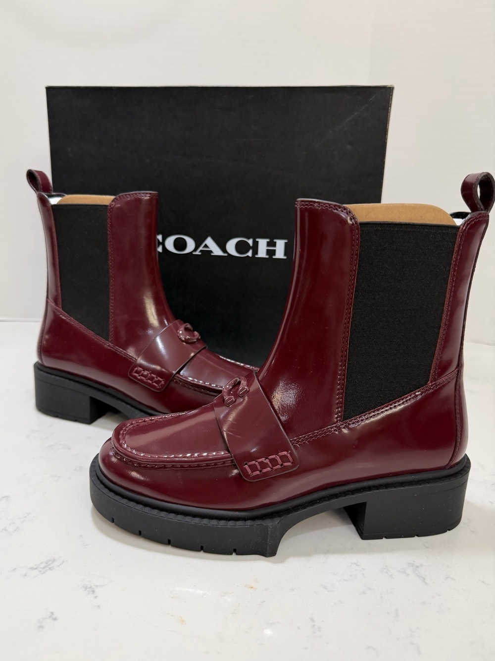 Authentic Coach Retail Burgundy Leather Chelsea Booties - Picture 1 of 13